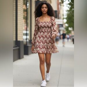 Wilfred x Aritzia Tempest Floral Smocked Puff‎ Sleeve Dress | Size Large